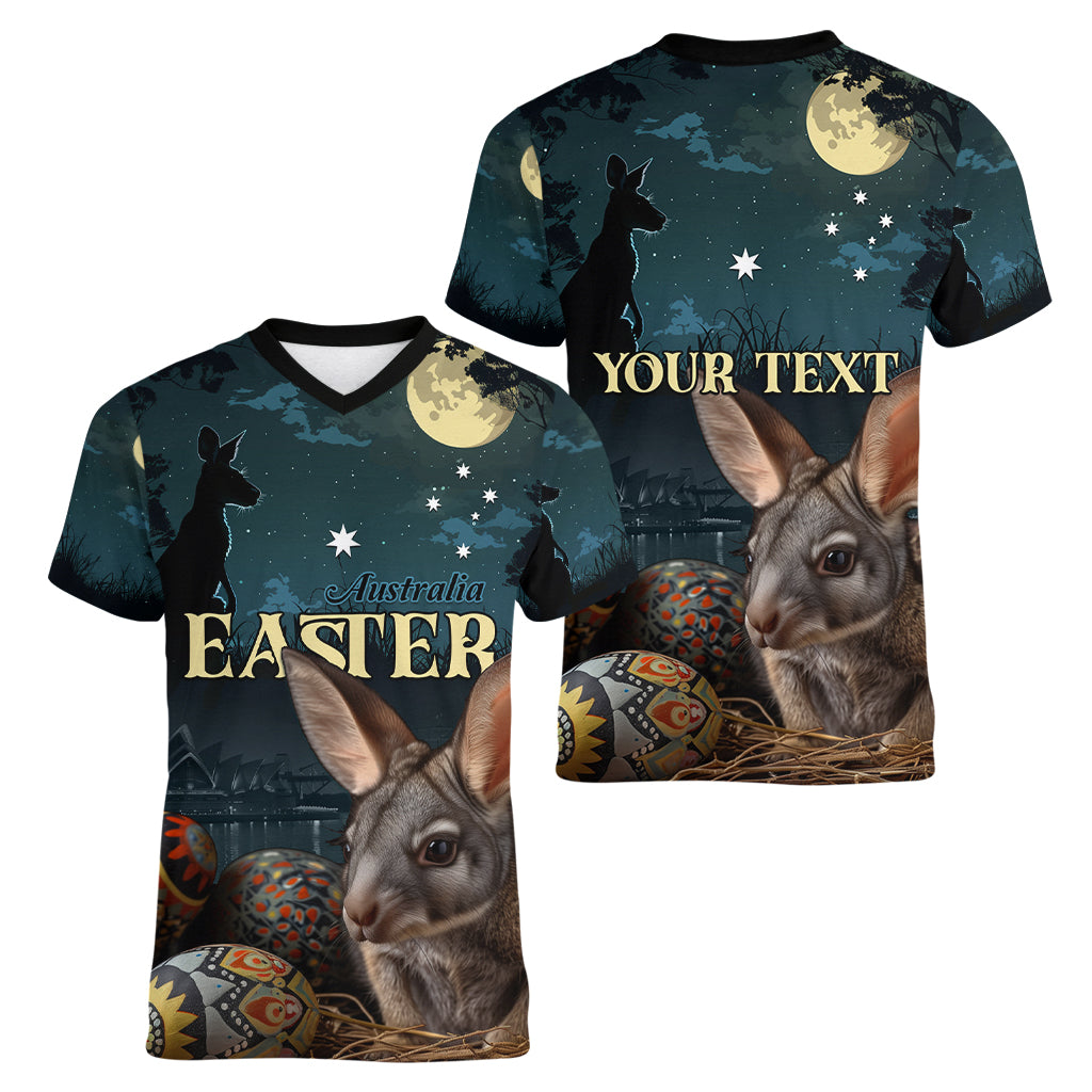 Australia Easter 2024 Women V-Neck T-Shirt Bunny With Aboriginal Eggs At Starry Night - Wonder Print Shop