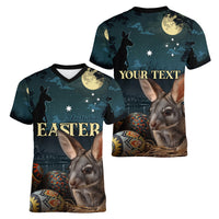 Australia Easter 2024 Women V-Neck T-Shirt Bunny With Aboriginal Eggs At Starry Night - Wonder Print Shop