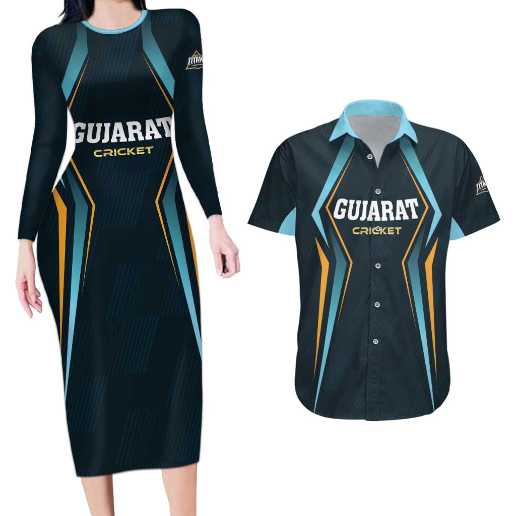 Custom Gujarat 2025 Cricket Titans Couples Matching Long Sleeve Bodycon Dress and Hawaiian Shirt Aava De Race With The Titans