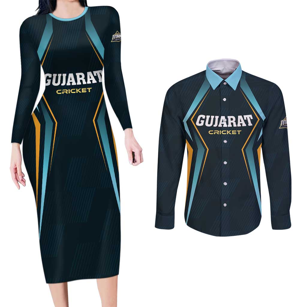 Custom Gujarat 2025 Cricket Titans Couples Matching Long Sleeve Bodycon Dress and Long Sleeve Button Shirt Aava De Race With The Titans