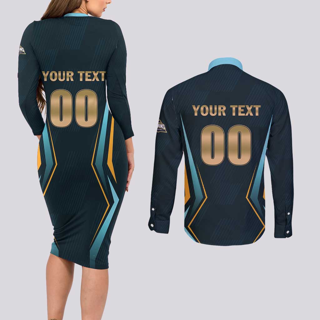 Custom Gujarat 2025 Cricket Titans Couples Matching Long Sleeve Bodycon Dress and Long Sleeve Button Shirt Aava De Race With The Titans