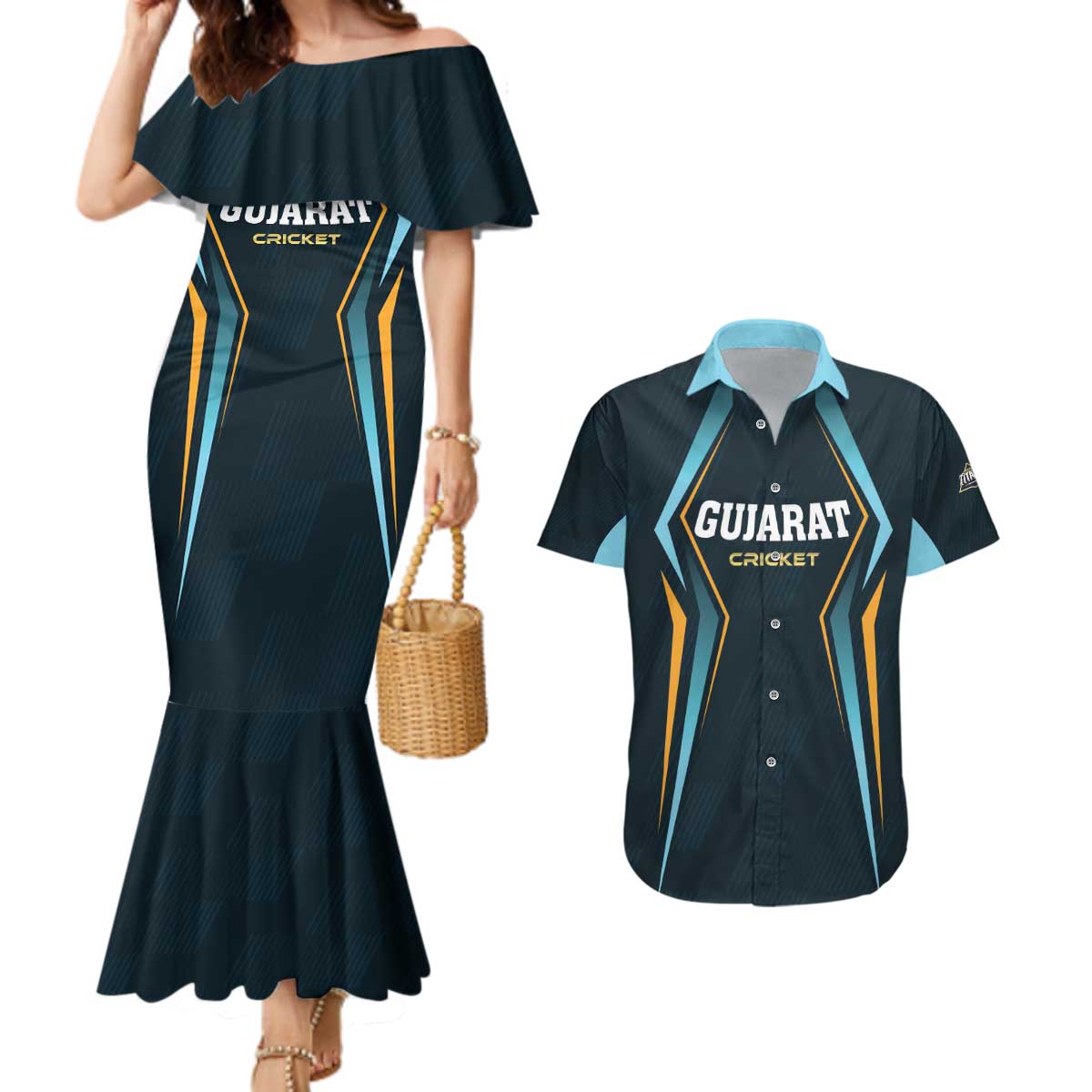 Custom Gujarat 2025 Cricket Titans Couples Matching Mermaid Dress and Hawaiian Shirt Aava De Race With The Titans