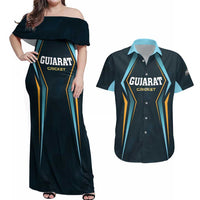 Custom Gujarat 2025 Cricket Titans Couples Matching Off Shoulder Maxi Dress and Hawaiian Shirt Aava De Race With The Titans