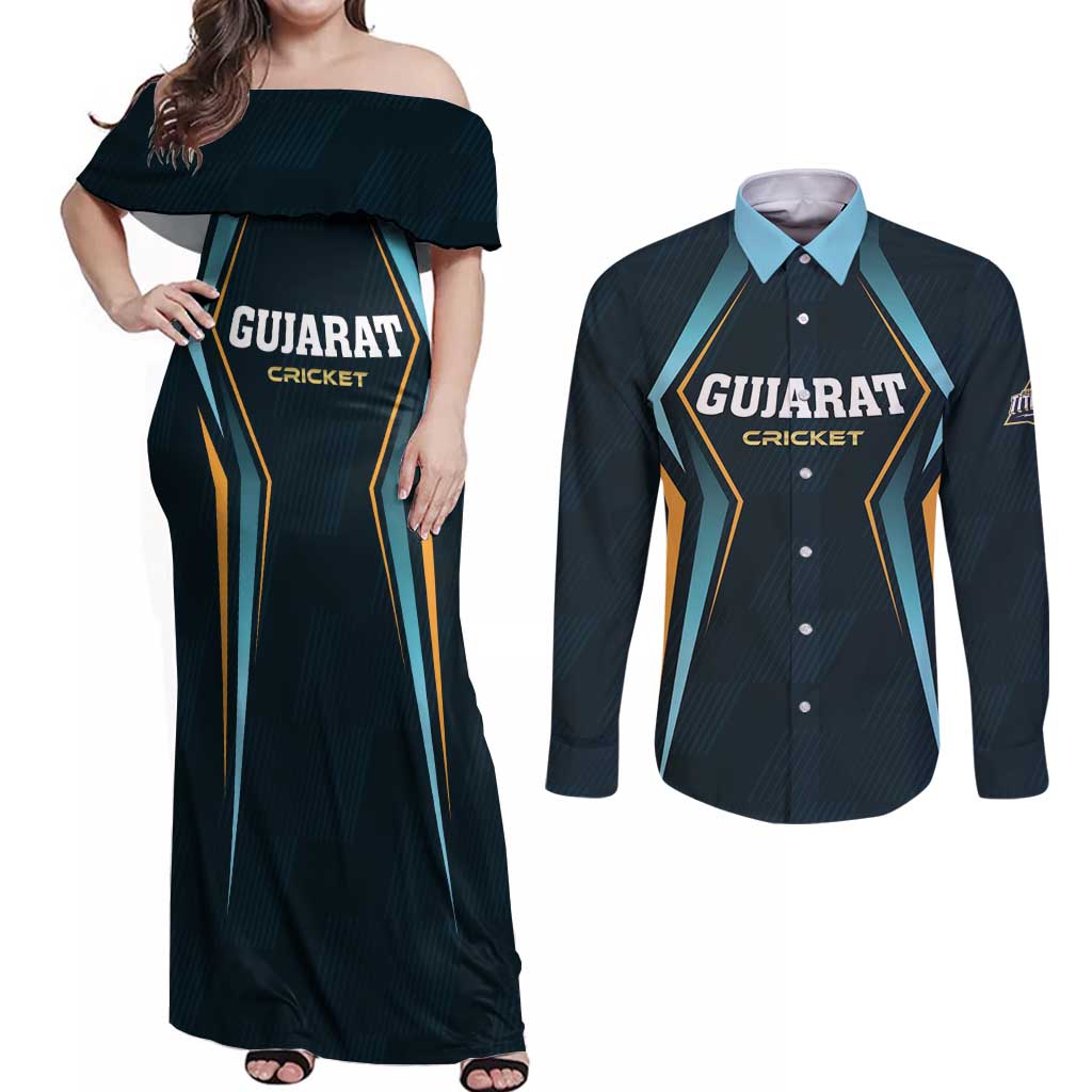 Custom Gujarat 2025 Cricket Titans Couples Matching Off Shoulder Maxi Dress and Long Sleeve Button Shirt Aava De Race With The Titans