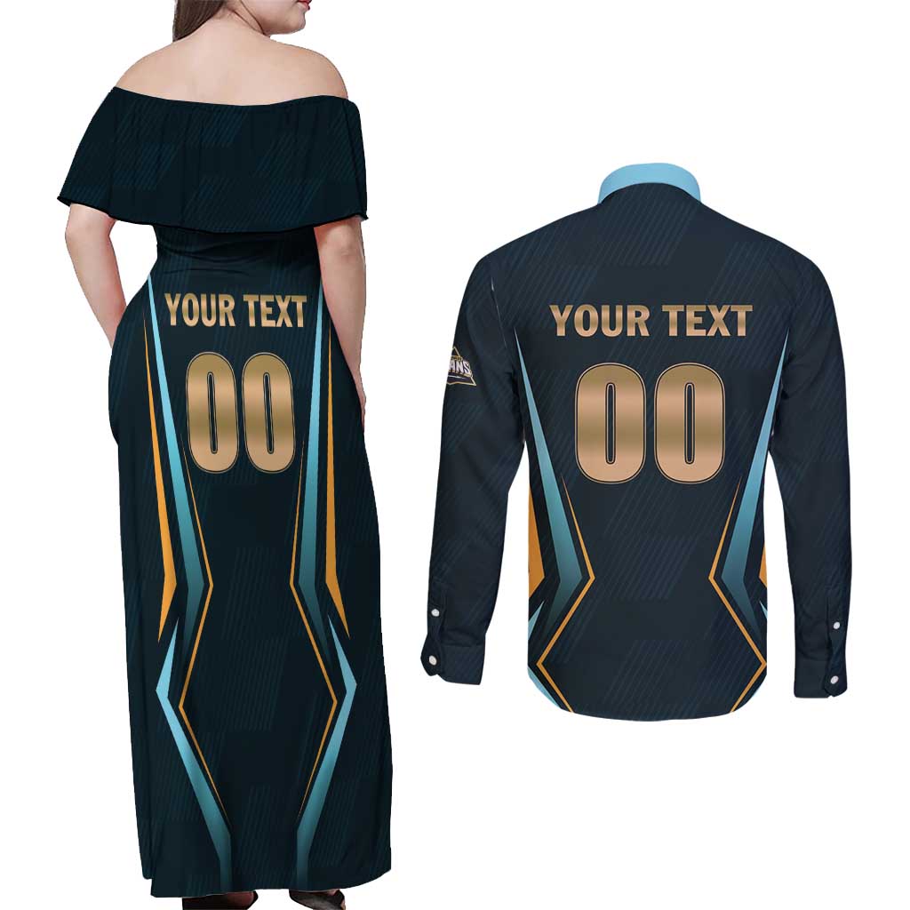 Custom Gujarat 2025 Cricket Titans Couples Matching Off Shoulder Maxi Dress and Long Sleeve Button Shirt Aava De Race With The Titans