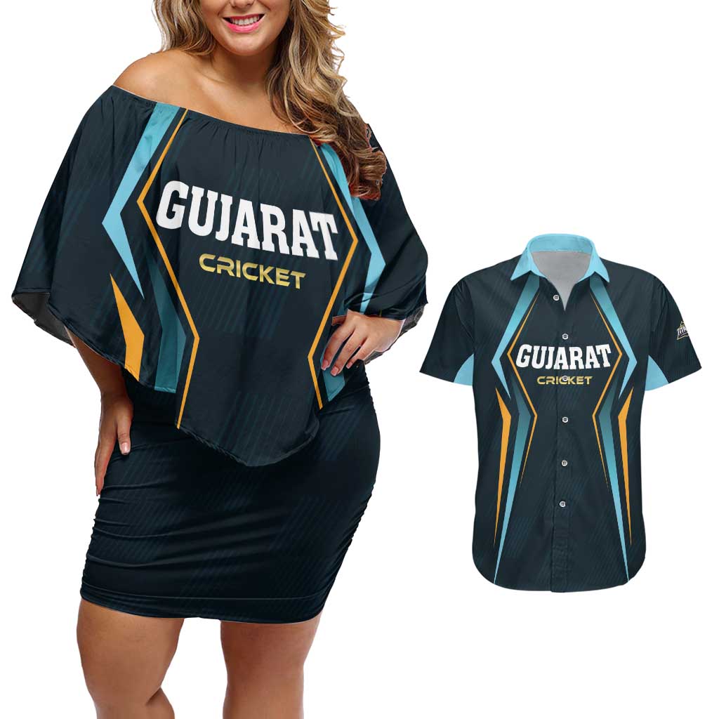 Custom Gujarat 2025 Cricket Titans Couples Matching Off Shoulder Short Dress and Hawaiian Shirt Aava De Race With The Titans