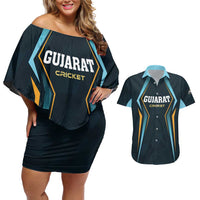 Custom Gujarat 2025 Cricket Titans Couples Matching Off Shoulder Short Dress and Hawaiian Shirt Aava De Race With The Titans
