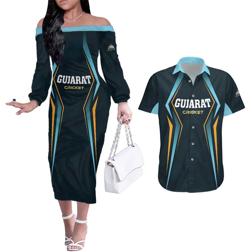 Custom Gujarat 2025 Cricket Titans Couples Matching Off The Shoulder Long Sleeve Dress and Hawaiian Shirt Aava De Race With The Titans