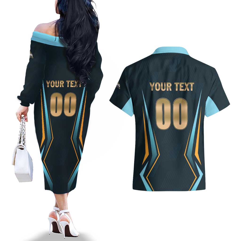 Custom Gujarat 2025 Cricket Titans Couples Matching Off The Shoulder Long Sleeve Dress and Hawaiian Shirt Aava De Race With The Titans
