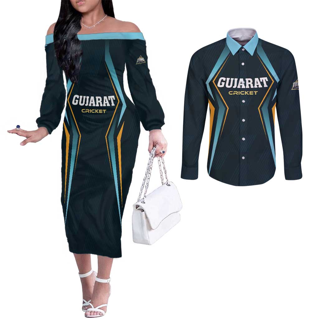 Custom Gujarat 2025 Cricket Titans Couples Matching Off The Shoulder Long Sleeve Dress and Long Sleeve Button Shirt Aava De Race With The Titans