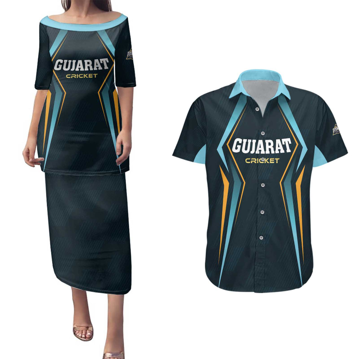Custom Gujarat 2025 Cricket Titans Couples Matching Puletasi and Hawaiian Shirt Aava De Race With The Titans