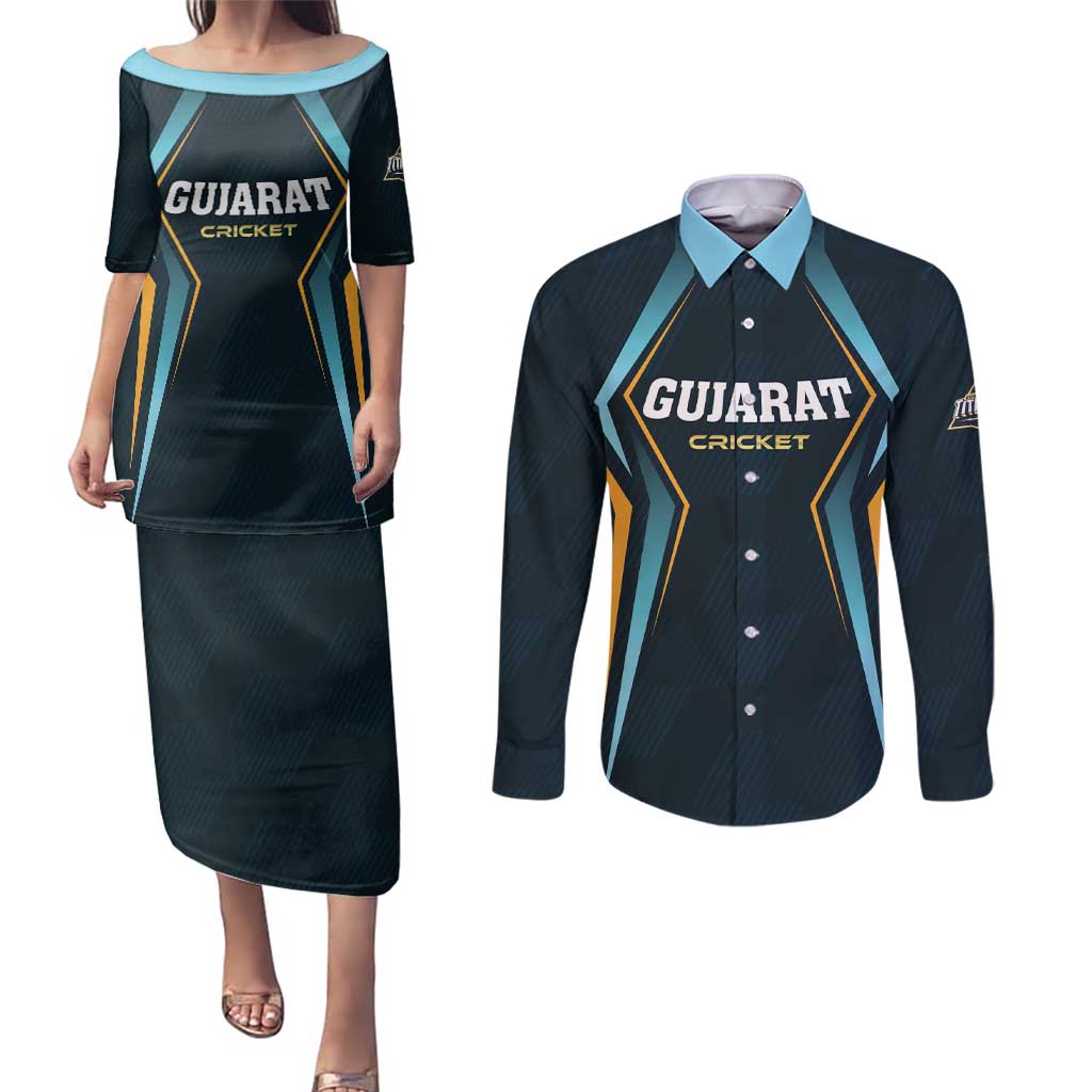 Custom Gujarat 2025 Cricket Titans Couples Matching Puletasi and Long Sleeve Button Shirt Aava De Race With The Titans