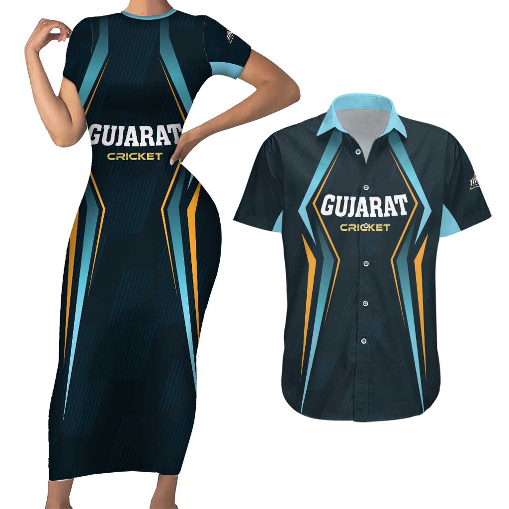 Custom Gujarat 2025 Cricket Titans Couples Matching Short Sleeve Bodycon Dress and Hawaiian Shirt Aava De Race With The Titans