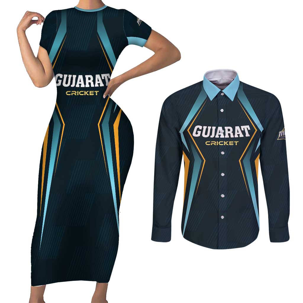 Custom Gujarat 2025 Cricket Titans Couples Matching Short Sleeve Bodycon Dress and Long Sleeve Button Shirt Aava De Race With The Titans
