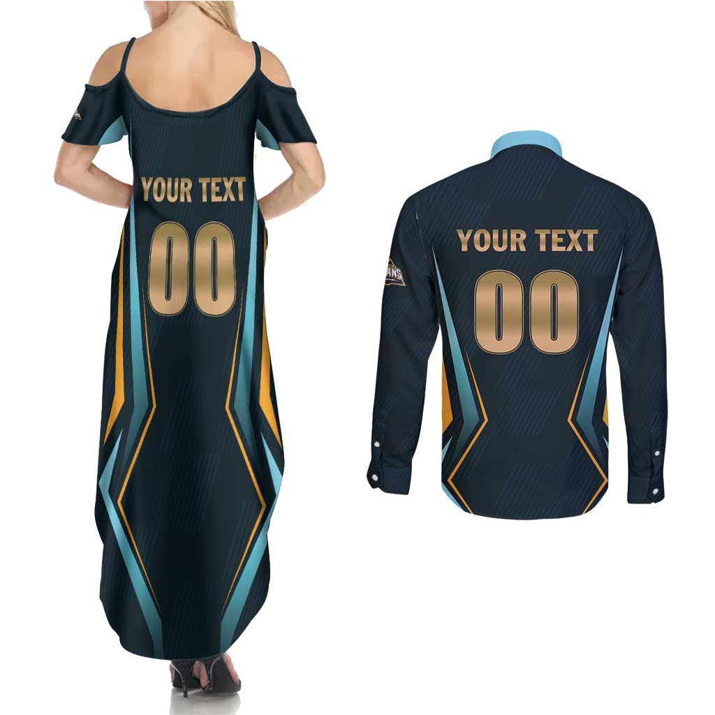 Custom Gujarat 2025 Cricket Titans Couples Matching Summer Maxi Dress and Long Sleeve Button Shirt Aava De Race With The Titans