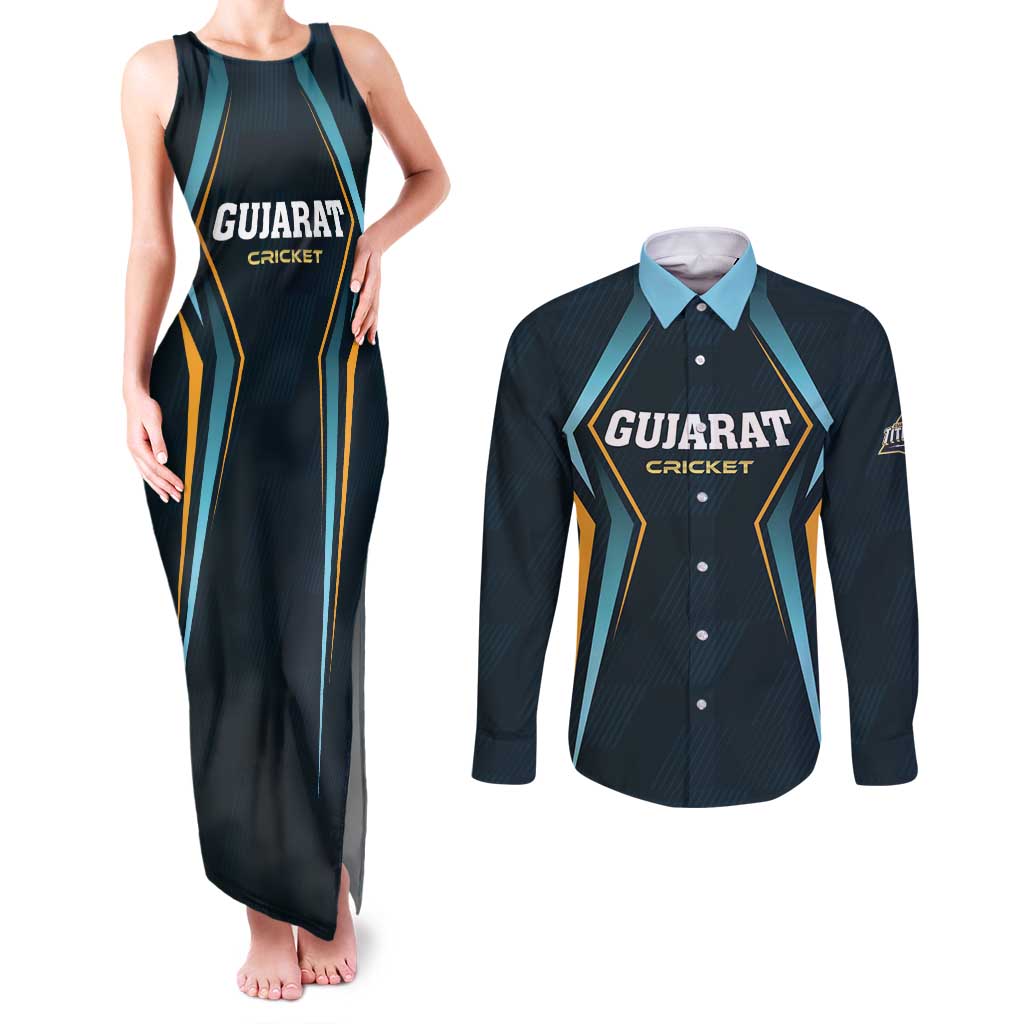 Custom Gujarat 2025 Cricket Titans Couples Matching Tank Maxi Dress and Long Sleeve Button Shirt Aava De Race With The Titans
