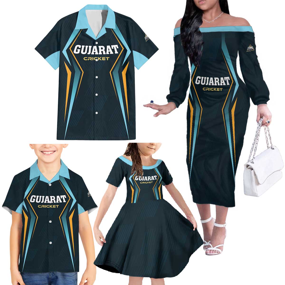 Custom Gujarat 2025 Cricket Titans Family Matching Off The Shoulder Long Sleeve Dress and Hawaiian Shirt Aava De Race With The Titans