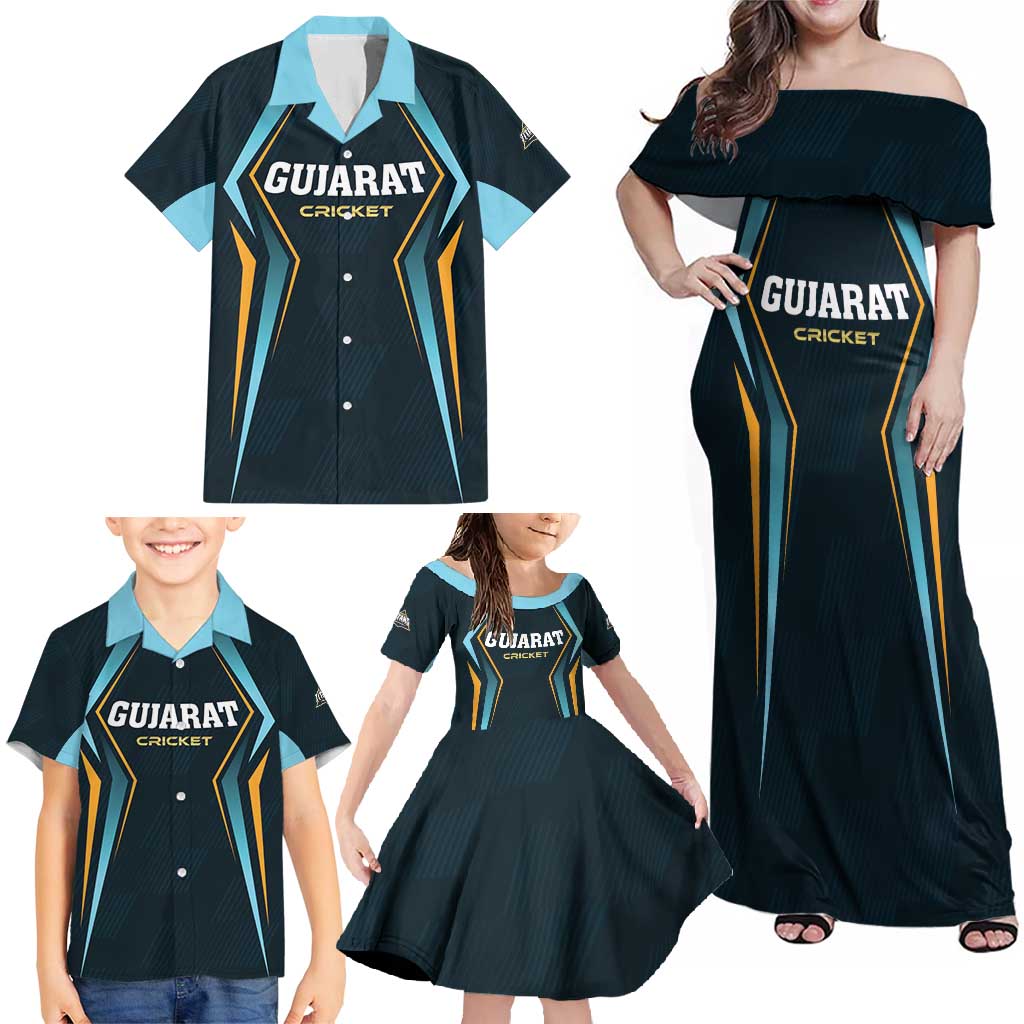 Custom Gujarat 2025 Cricket Titans Family Matching Off Shoulder Maxi Dress and Hawaiian Shirt Aava De Race With The Titans