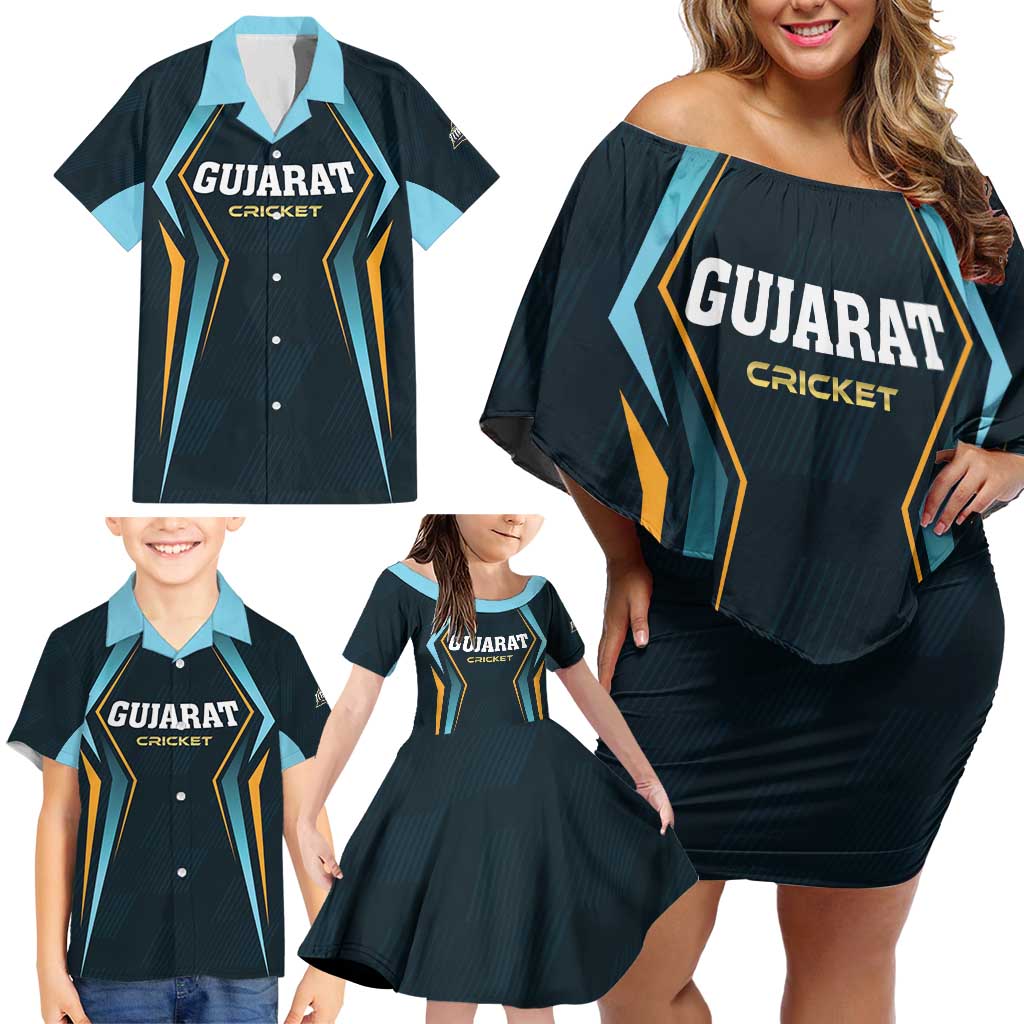 Custom Gujarat 2025 Cricket Titans Family Matching Off Shoulder Short Dress and Hawaiian Shirt Aava De Race With The Titans