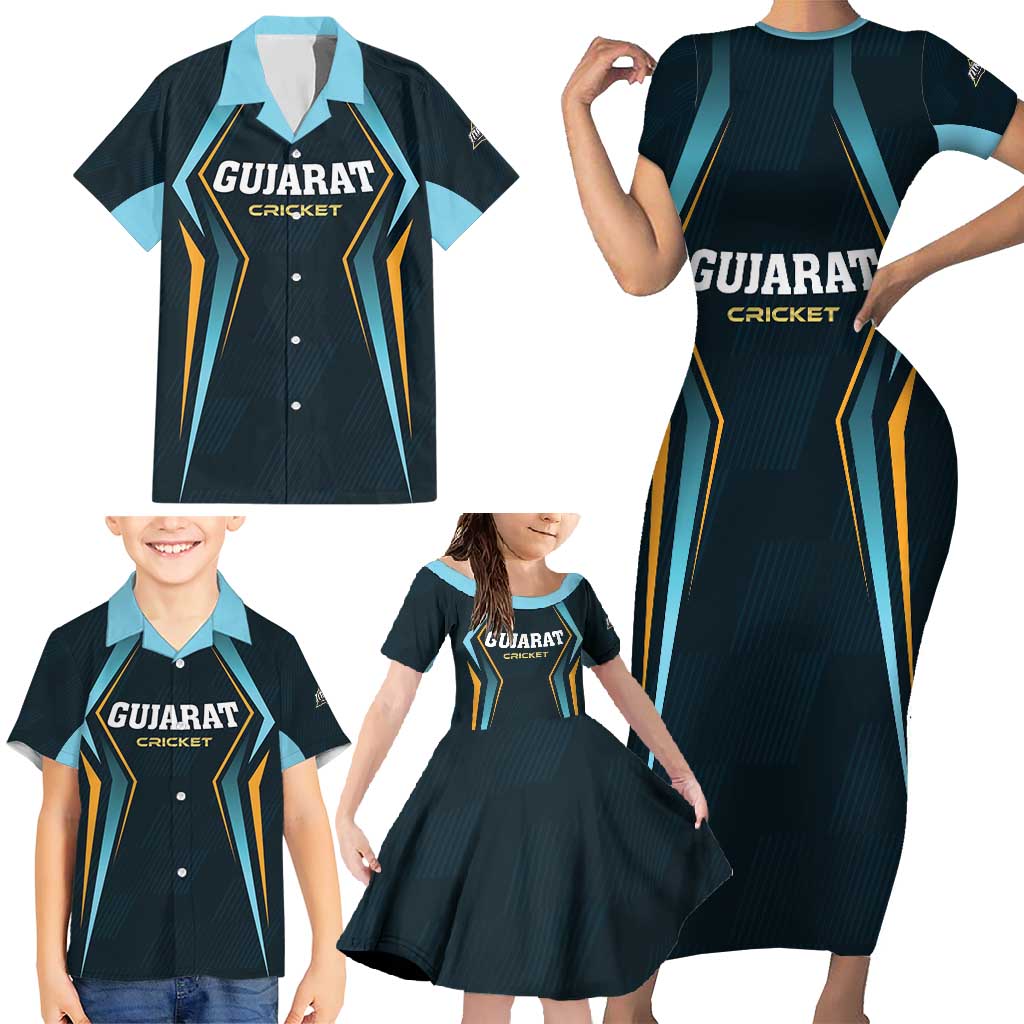 Custom Gujarat 2025 Cricket Titans Family Matching Short Sleeve Bodycon Dress and Hawaiian Shirt Aava De Race With The Titans