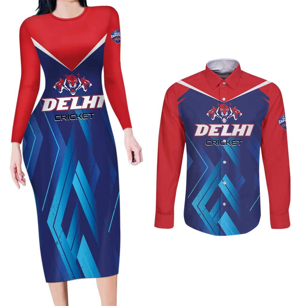 Custom Capitals Delhi 2025 Cricket Couples Matching Long Sleeve Bodycon Dress and Long Sleeve Button Shirt Fight Till The End