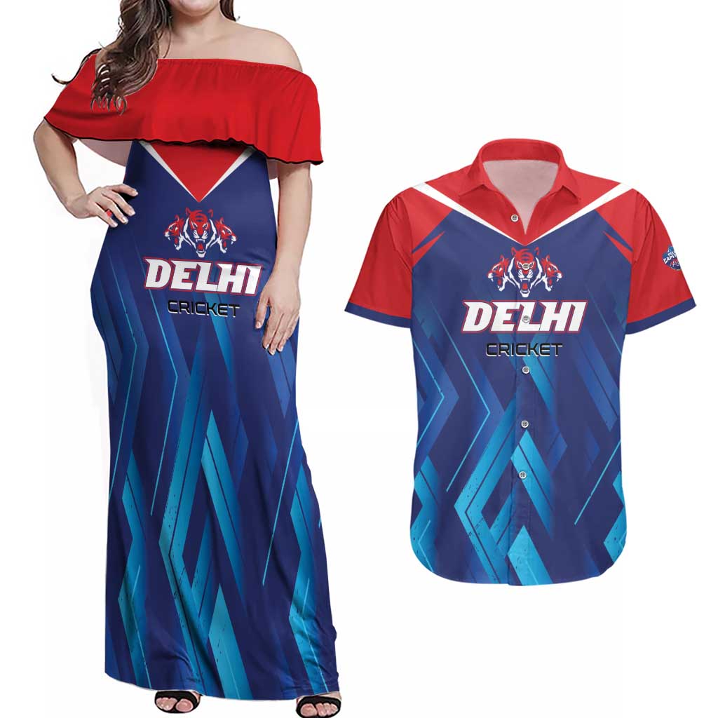 Custom Capitals Delhi 2025 Cricket Couples Matching Off Shoulder Maxi Dress and Hawaiian Shirt Fight Till The End