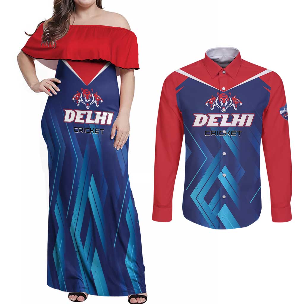 Custom Capitals Delhi 2025 Cricket Couples Matching Off Shoulder Maxi Dress and Long Sleeve Button Shirt Fight Till The End