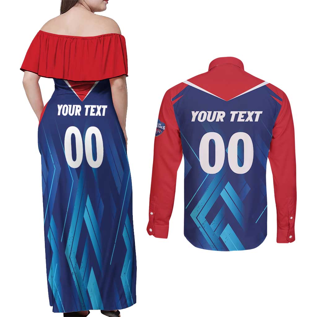 Custom Capitals Delhi 2025 Cricket Couples Matching Off Shoulder Maxi Dress and Long Sleeve Button Shirt Fight Till The End