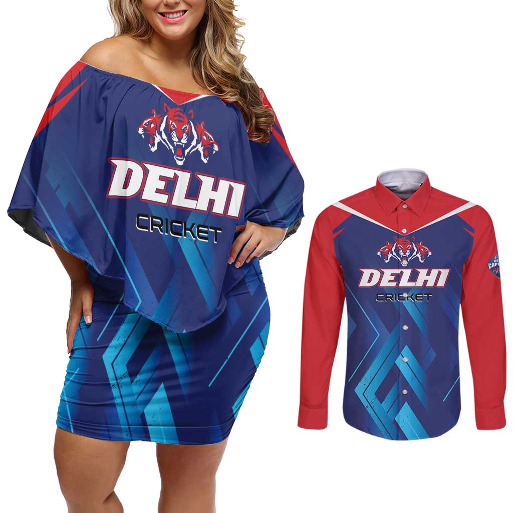 Custom Capitals Delhi 2025 Cricket Couples Matching Off Shoulder Short Dress and Long Sleeve Button Shirt Fight Till The End
