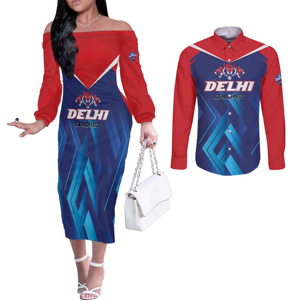 Custom Capitals Delhi 2025 Cricket Couples Matching Off The Shoulder Long Sleeve Dress and Long Sleeve Button Shirt Fight Till The End