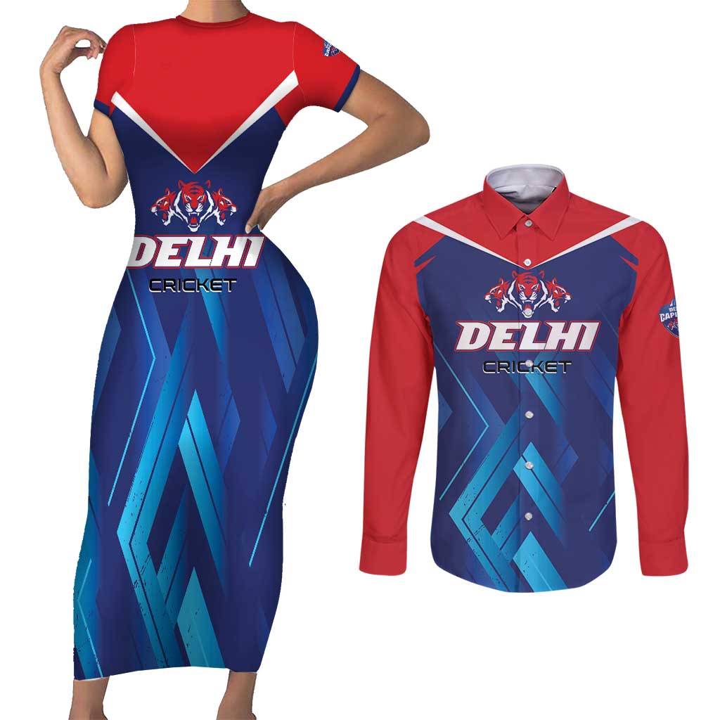 Custom Capitals Delhi 2025 Cricket Couples Matching Short Sleeve Bodycon Dress and Long Sleeve Button Shirt Fight Till The End