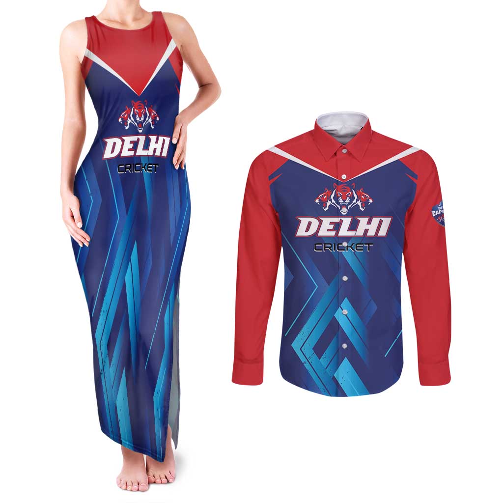 Custom Capitals Delhi 2025 Cricket Couples Matching Tank Maxi Dress and Long Sleeve Button Shirt Fight Till The End