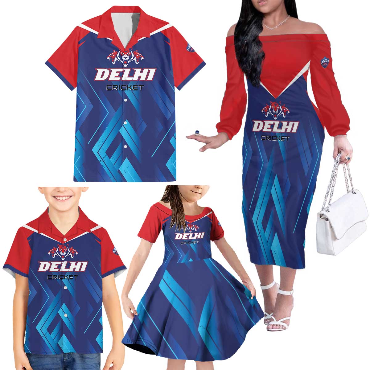 Custom Capitals Delhi 2025 Cricket Family Matching Off The Shoulder Long Sleeve Dress and Hawaiian Shirt Fight Till The End