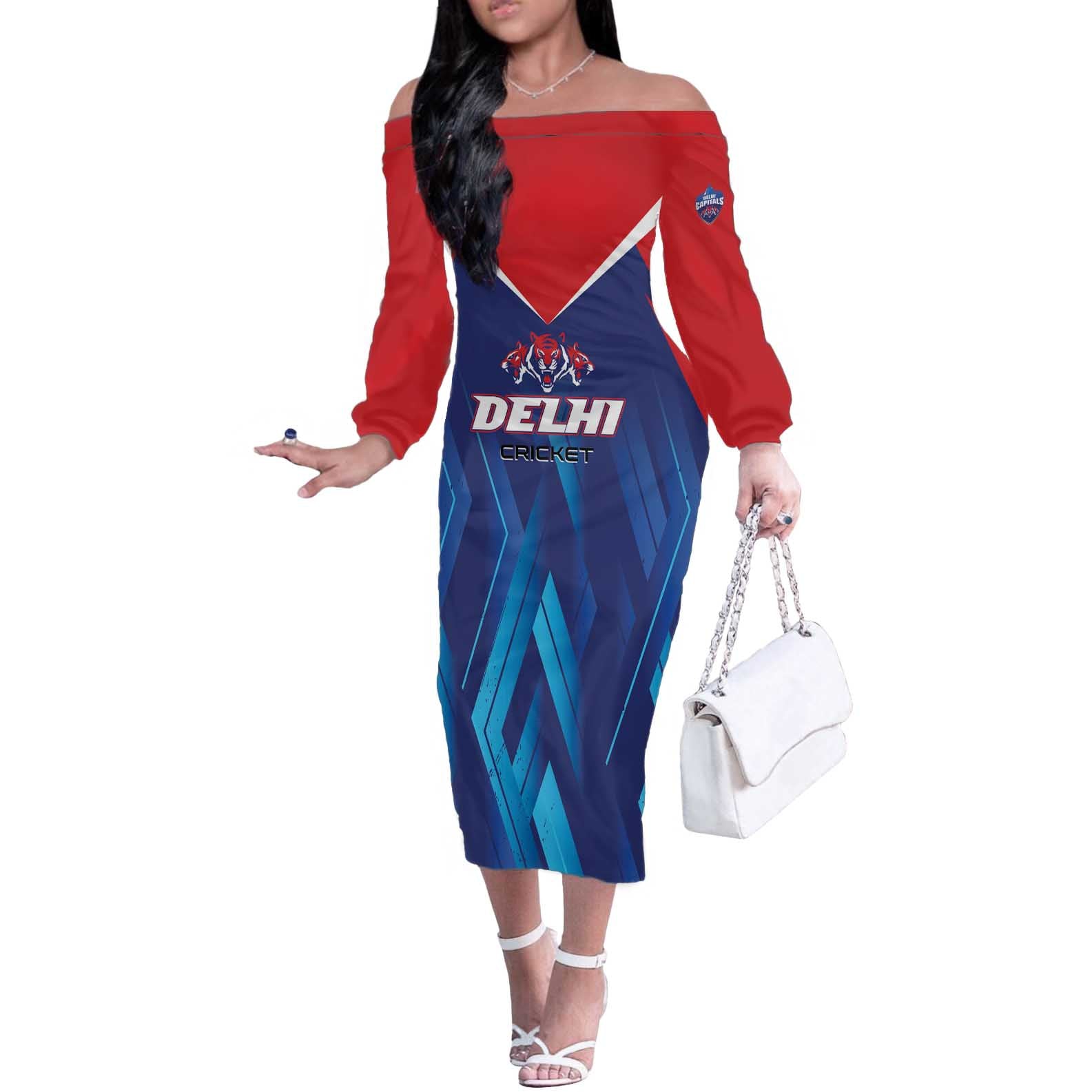 Custom Capitals Delhi 2025 Cricket Off The Shoulder Long Sleeve Dress Fight Till The End