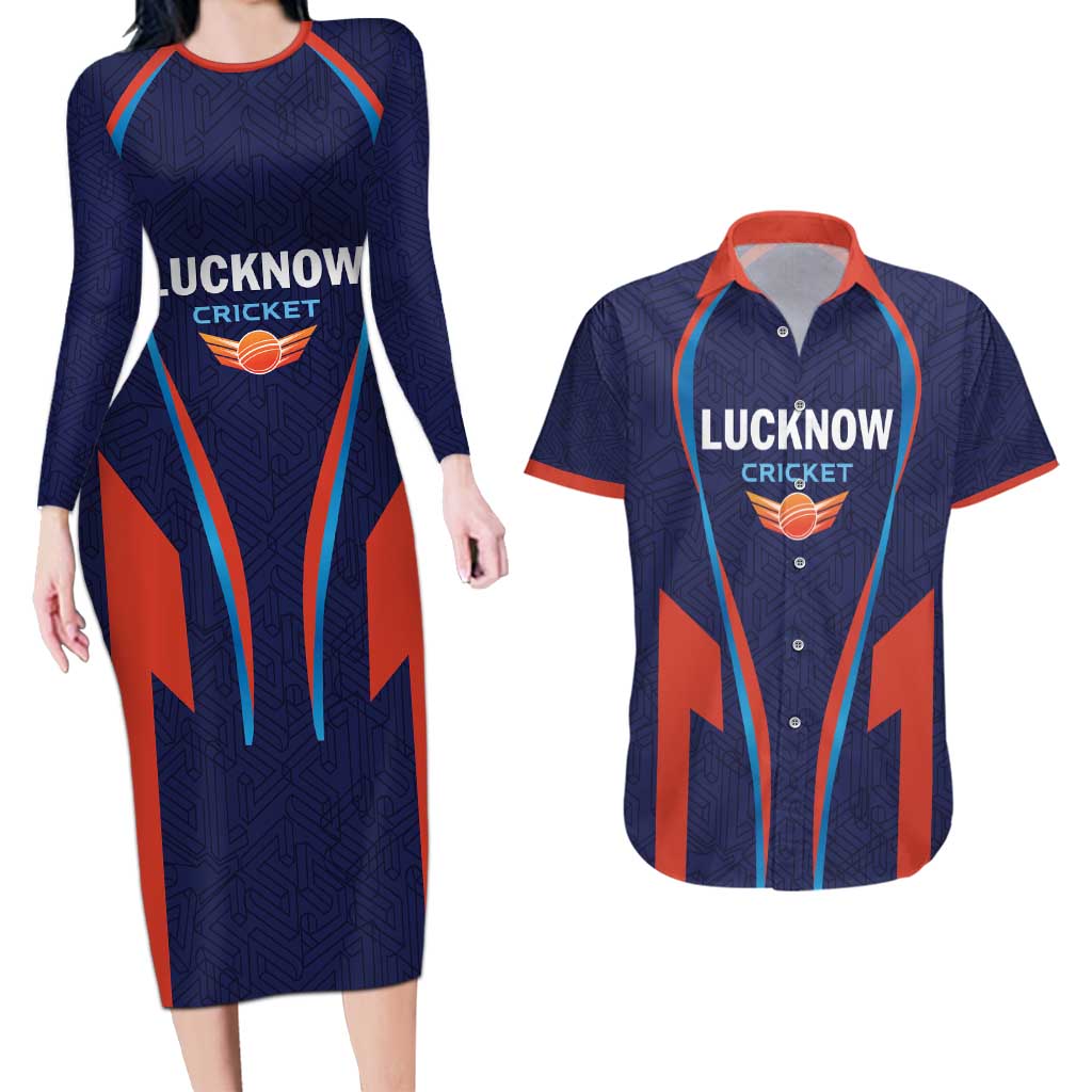 Custom Lucknow 2025 Cricket Super Giants Couples Matching Long Sleeve Bodycon Dress and Hawaiian Shirt Hum Aa Rahe Hai