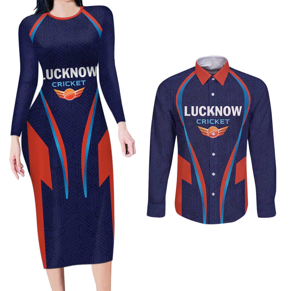 Custom Lucknow 2025 Cricket Super Giants Couples Matching Long Sleeve Bodycon Dress and Long Sleeve Button Shirt Hum Aa Rahe Hai