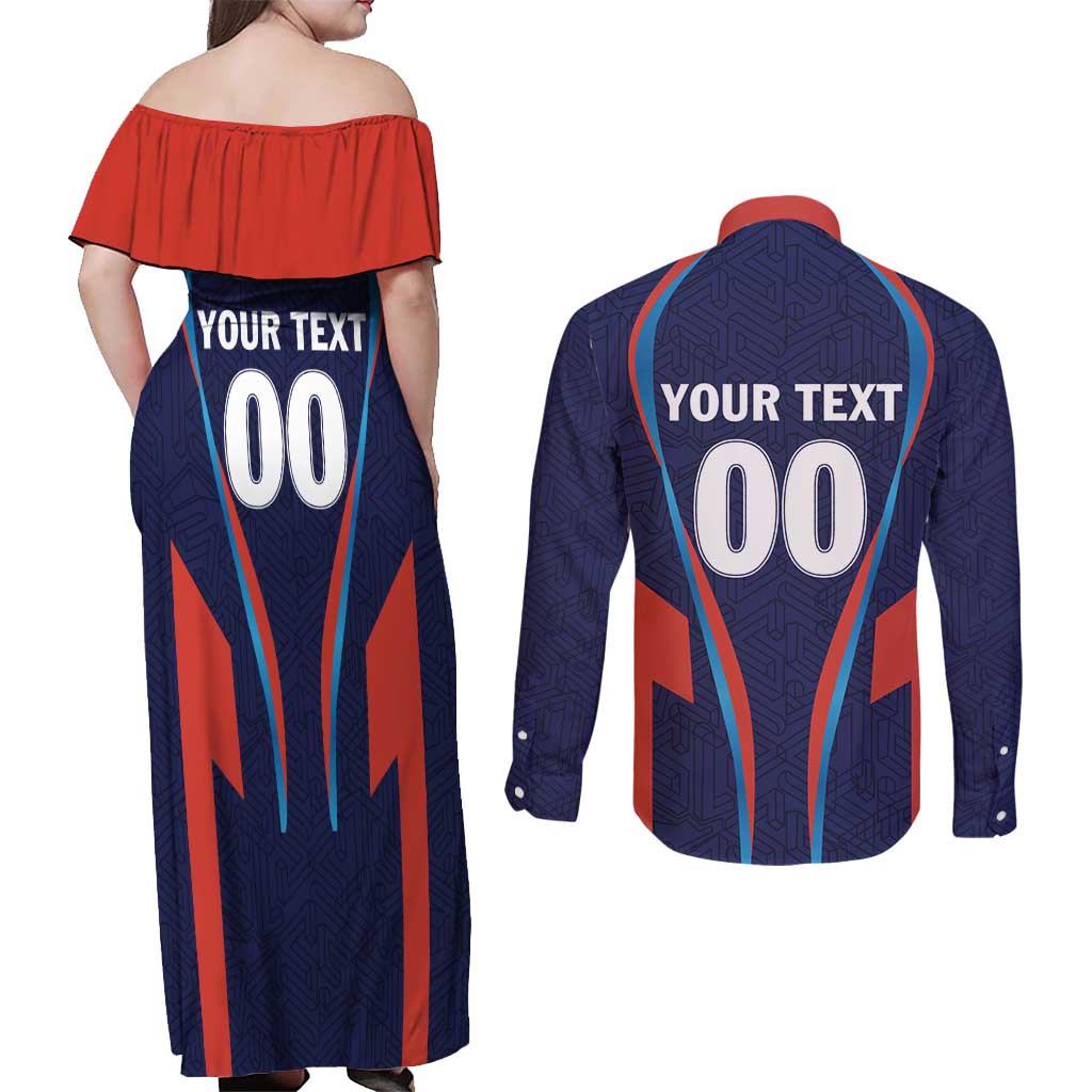 Custom Lucknow 2025 Cricket Super Giants Couples Matching Off Shoulder Maxi Dress and Long Sleeve Button Shirt Hum Aa Rahe Hai