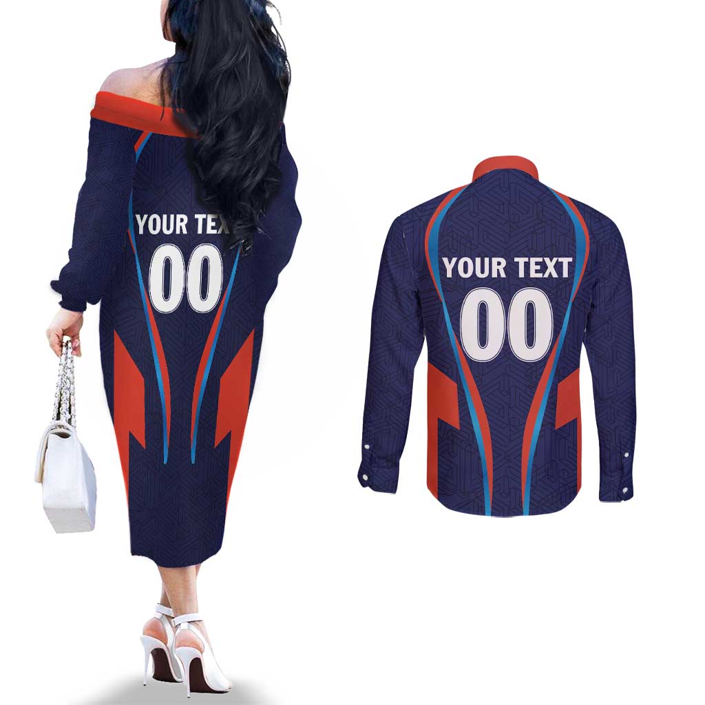 Custom Lucknow 2025 Cricket Super Giants Couples Matching Off The Shoulder Long Sleeve Dress and Long Sleeve Button Shirt Hum Aa Rahe Hai