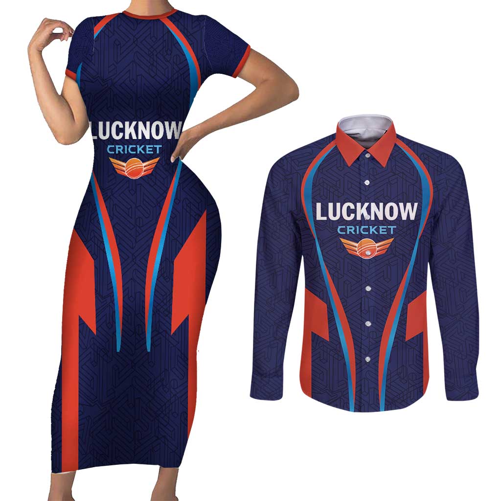 Custom Lucknow 2025 Cricket Super Giants Couples Matching Short Sleeve Bodycon Dress and Long Sleeve Button Shirt Hum Aa Rahe Hai