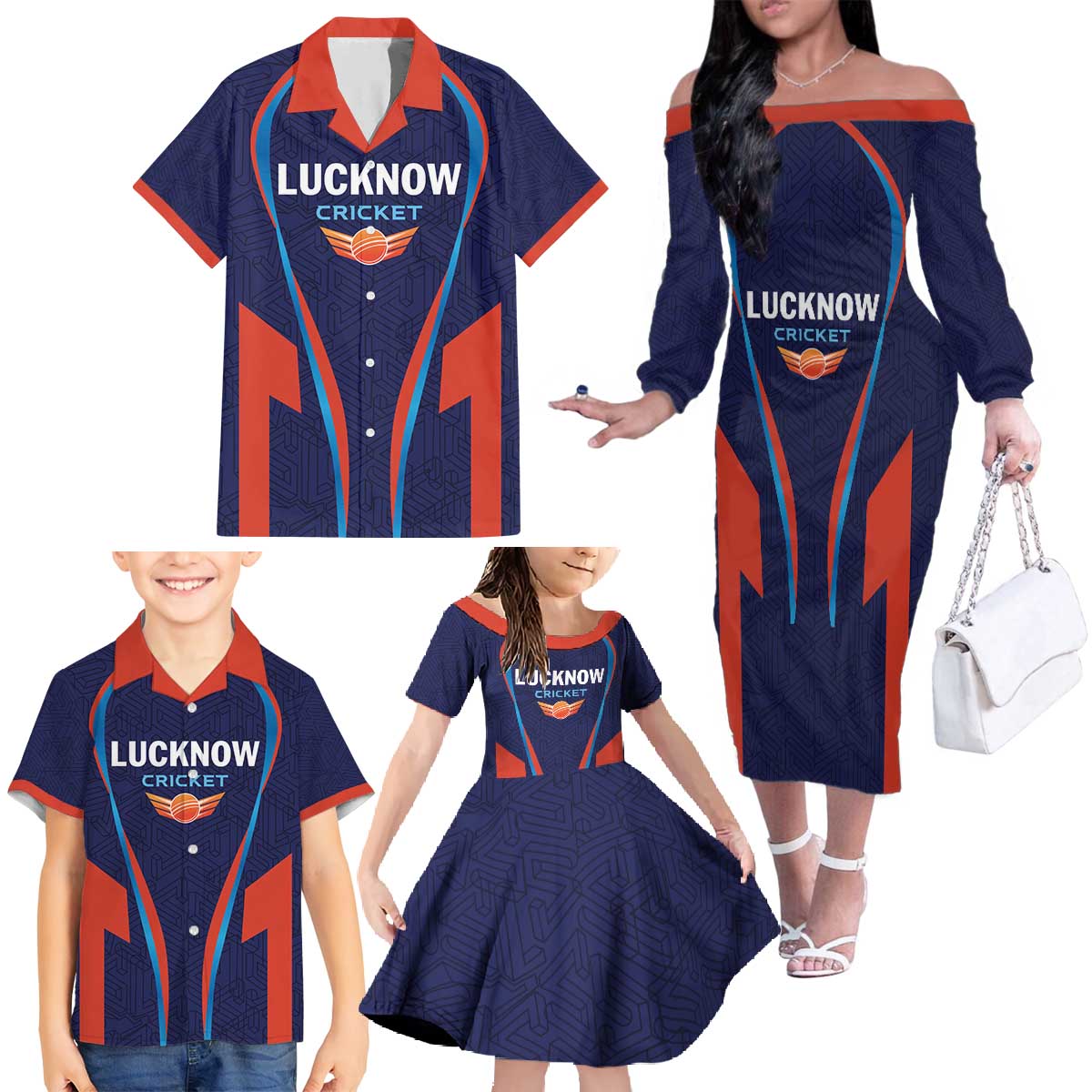 Custom Lucknow 2025 Cricket Super Giants Family Matching Off The Shoulder Long Sleeve Dress and Hawaiian Shirt Hum Aa Rahe Hai