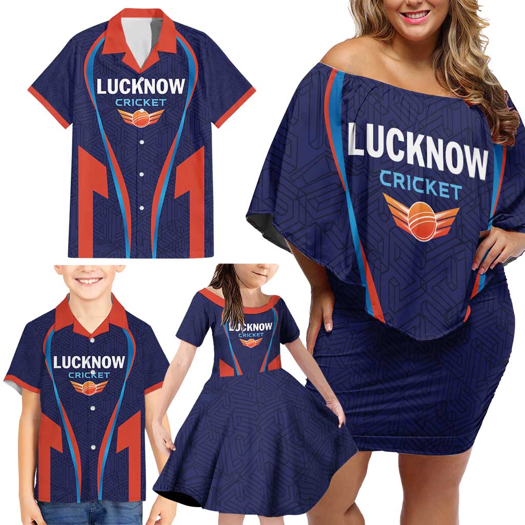 Custom Lucknow 2025 Cricket Super Giants Family Matching Off Shoulder Short Dress and Hawaiian Shirt Hum Aa Rahe Hai