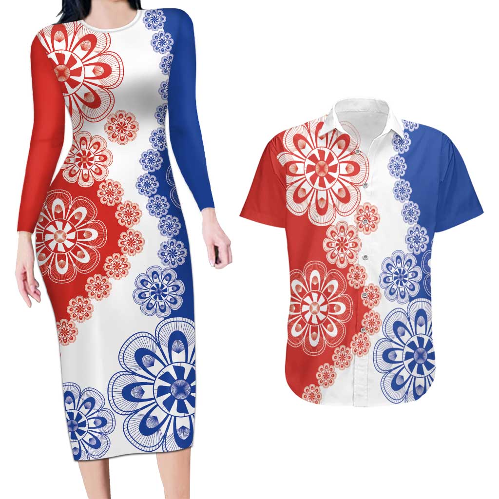 Paraguay Nanduti Traditional Lace Stylized Couples Matching Long Sleeve Bodycon Dress and Hawaiian Shirt
