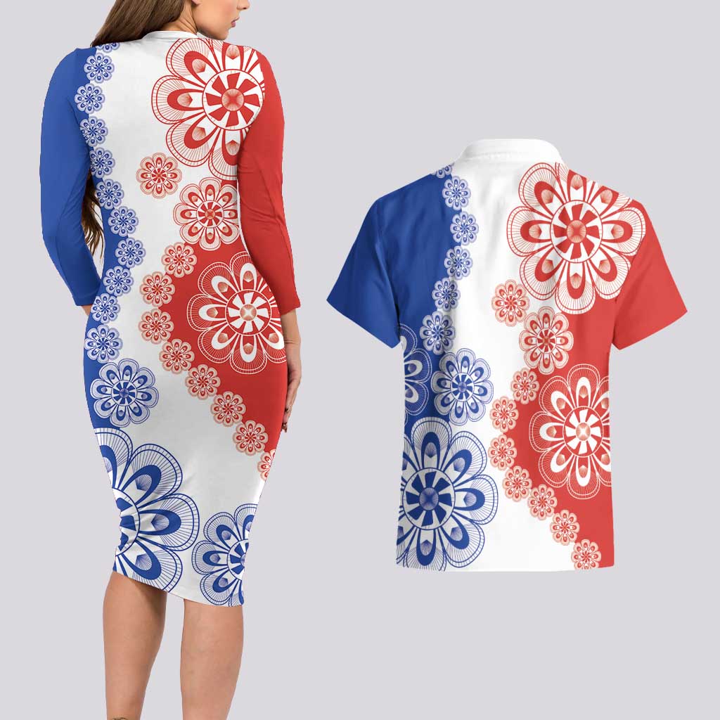 Paraguay Nanduti Traditional Lace Stylized Couples Matching Long Sleeve Bodycon Dress and Hawaiian Shirt