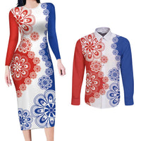 Paraguay Nanduti Traditional Lace Stylized Couples Matching Long Sleeve Bodycon Dress and Long Sleeve Button Shirt