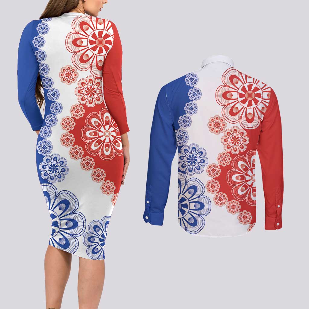 Paraguay Nanduti Traditional Lace Stylized Couples Matching Long Sleeve Bodycon Dress and Long Sleeve Button Shirt