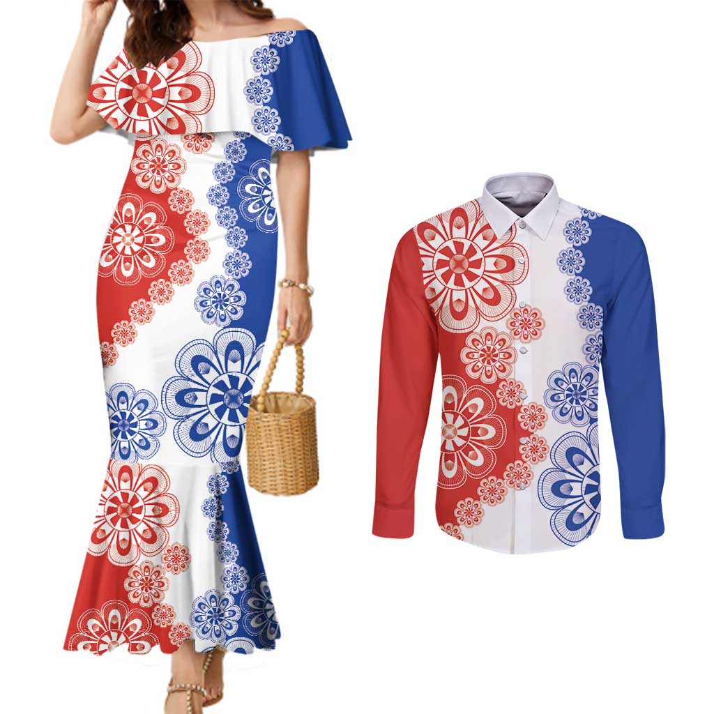 Paraguay Nanduti Traditional Lace Stylized Couples Matching Mermaid Dress and Long Sleeve Button Shirt