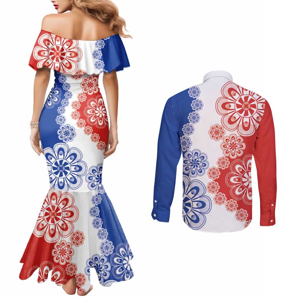 Paraguay Nanduti Traditional Lace Stylized Couples Matching Mermaid Dress and Long Sleeve Button Shirt