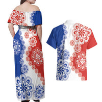 Paraguay Nanduti Traditional Lace Stylized Couples Matching Off Shoulder Maxi Dress and Hawaiian Shirt