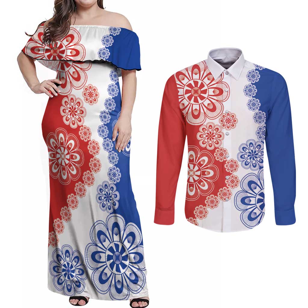 Paraguay Nanduti Traditional Lace Stylized Couples Matching Off Shoulder Maxi Dress and Long Sleeve Button Shirt