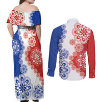 Paraguay Nanduti Traditional Lace Stylized Couples Matching Off Shoulder Maxi Dress and Long Sleeve Button Shirt